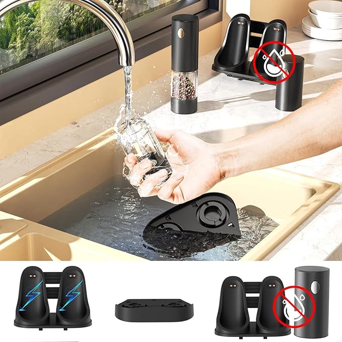 RECHARGEABLE - Electric Pepper and Salt Grinder Set, Adjustable Coarseness, With LED Light, One Hand Automatic Operation (C/Black&white)