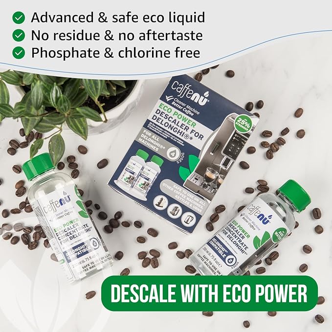 Delonghi Compatible Descaling Solution. 2 Bottles of Descaler Solution. Descaling Kit Removes Limescale For Hotter Coffee. 4 Uses Descaler For Delonghi Coffee Machines.