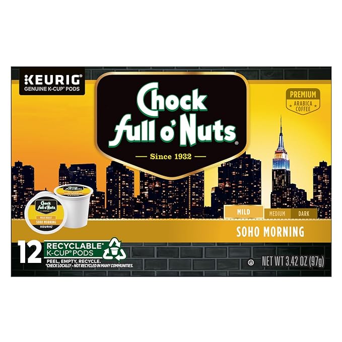 Chock Full o'Nuts Soho Morning Coffee, Mild Roast, Compatible with K-Cup Pods, 12 CT (Pack of 2)