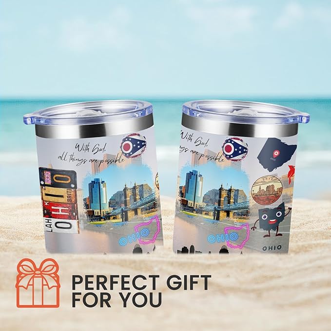 12oz Coffee Mug Ohio State Insulated Coffee Cups, United States Map Travel Mug Landmark, Birthday Gifts Cute Mugs with Lid and Straw Gifts for Mom