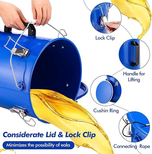 6 Gal Fryer Grease Bucket Fryer Oil Transport Bucket with Lid Steel Oil Disposal Caddy with Anti-rust Coating, Handle, Lock Clips for Transport Cooking Filtering