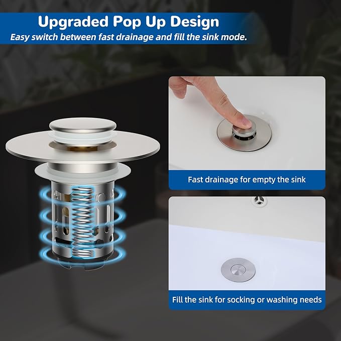 Hibbent 2 Pack Upgraded 3 in 1 Bathroom Sink Drain Strainer, Universal Pop Up Stopper with Removable Stainless Steel Filter Basket Hair Catcher, Sink Plug for 1.1''~2.36'' Basin, Brushed Nickel