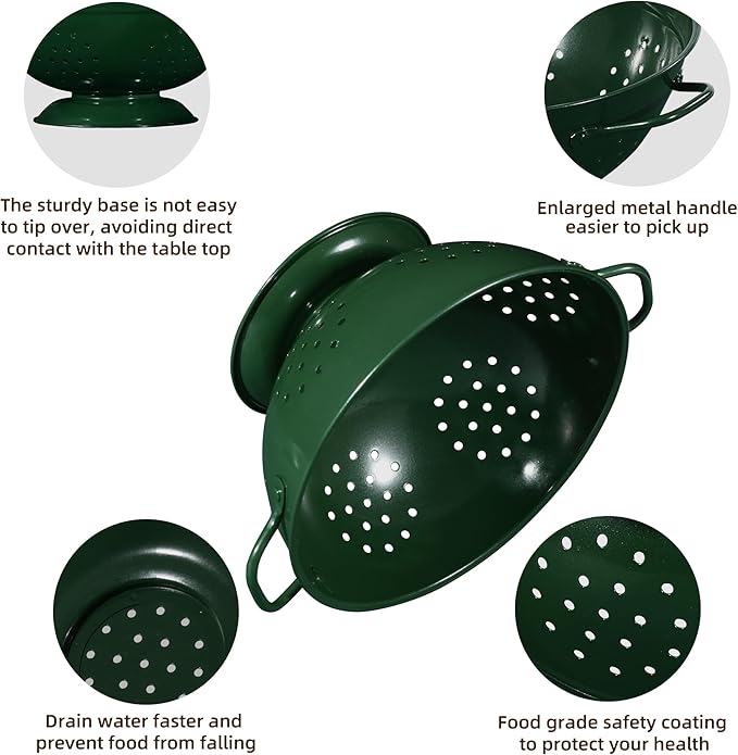 Metal Colander Set of 3, Strainer Basket with Handles perfect for Spaghetti, Pasta, Berry, Vegetable, Fruit, Solid Base Powder Coated Kitchen Essential Strainer Set, 1 & 3.5 & 5 Qt (Dark Green)