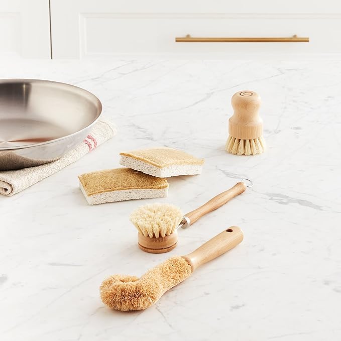 Tieralia Bamboo Dish Brush Gift Set โ 5-Piece Kitchen Cleaning Bundle with Bottle Brush, Palm Brush, Scrub Brush & Sponge Pads | Elegant Wood Handles, Scratch-Safe Bristles, Giftable Packaging
