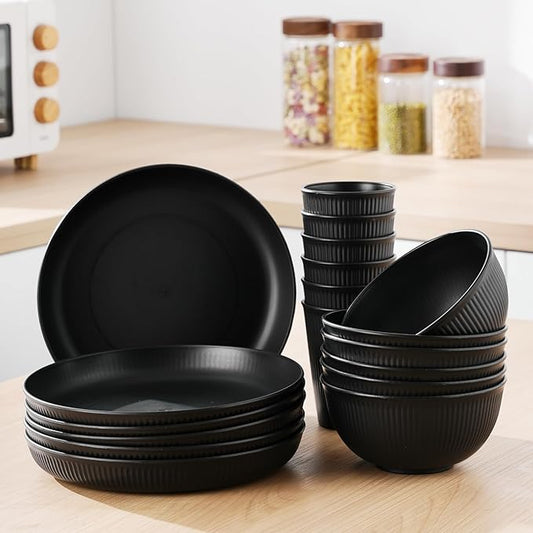 Cythia Plates and Bowls Sets for 6, 18 Pieces Kitchen Dinnerware Set Plastic Dishes Set Wheat Straw Reusable Dinner Plates, Cereal Soup Bowls and Cups Tableware for Home Parties Camping