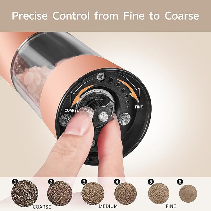 Gravity Electric Salt and Pepper Grinder Set with USB-C Charging Base,Rechargeable Automatic Stainless Steel Pepper Mill Grinder with LED Light, 2pack+Peach Orange (Peach Orange +Cream)