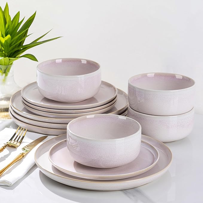TheTerra Ceramic Dinnerware Sets for 4, 12 Pieces Handmade Reactive Glaze Plates and Bowls Set, Scratch Resistant Dish Set, Oven & Microwave & Dishwasher Safe, Primrose Pink