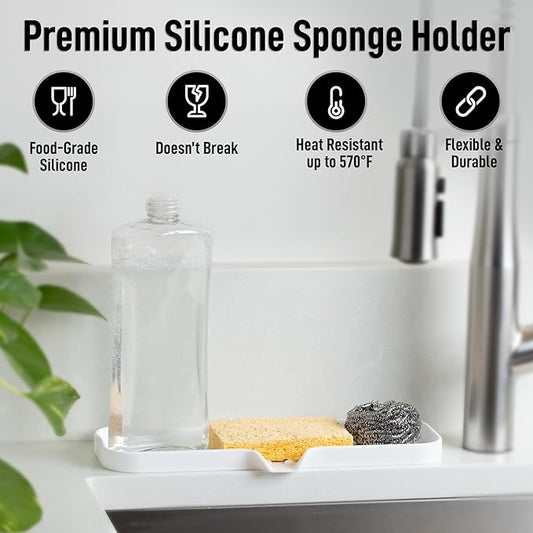 Zulay Kitchen Large Silicone Sponge Holder (12x4) β Flexible Sink Organizer Tray for Kitchen & Bathroom β Multipurpose Soap Dish for Sponges, Makeup, Trinkets & More (White)
