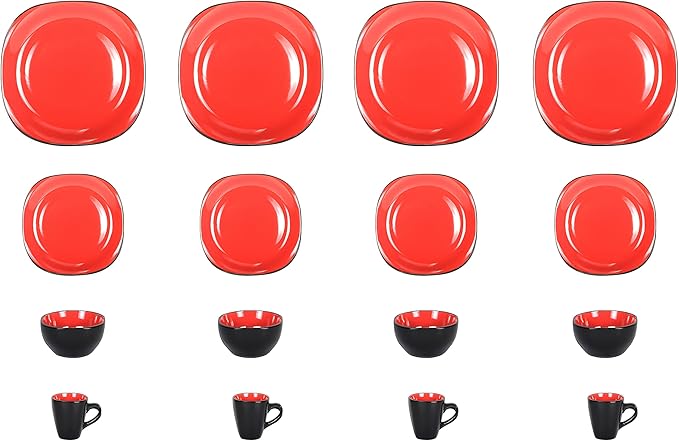 Stoneware Square 16pc Dinnerware Set, Inside Shiny Red + Outside Matte Black