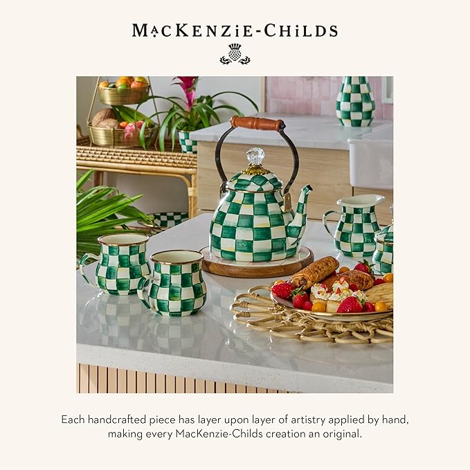 MACKENZIE-CHILDS Enamel Mug, Cute Enamelware Tea or Coffee Mug, 16 Ounces, Green-and-White Emerald Check