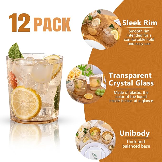 Liacere Plastic Drinking Glasses (Set of 12) 14 oz Brown Reusable Plastic Glasses Colors,Kitchen Water Glasses Cup, Bar Tumbler Glassware Set for Beer, Juice, Cocktail, Whiskey, Milk
