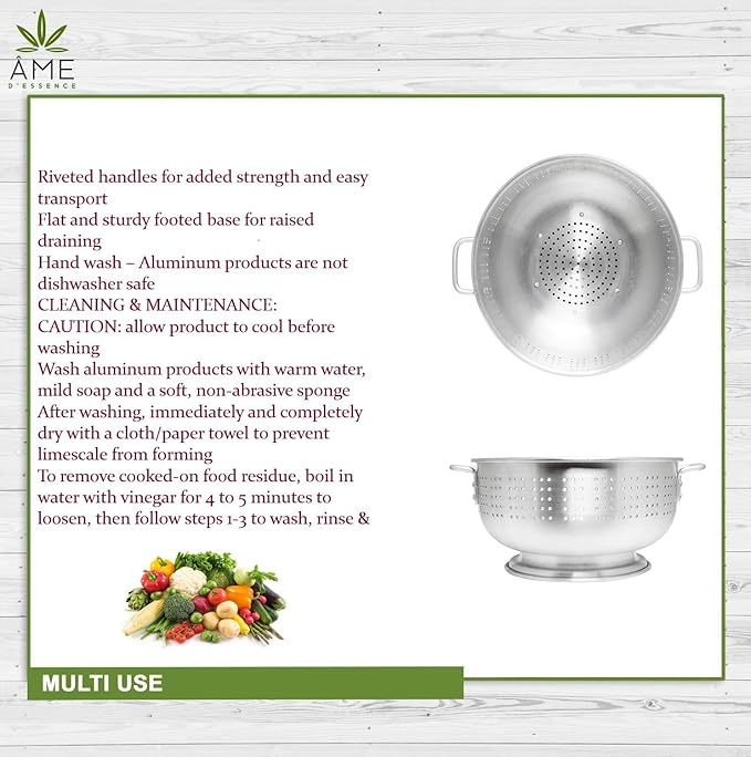 (8-QT) Aluminum Colander with Handles and Base Heavy Duty Commercial Grade