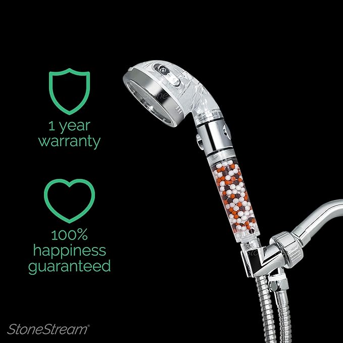 Original StoneStream EcoPower High Pressure Handheld Shower Head with ON OFF switch- 3 Spray Settings with Hose, Wall Adapter and Replacement Beads