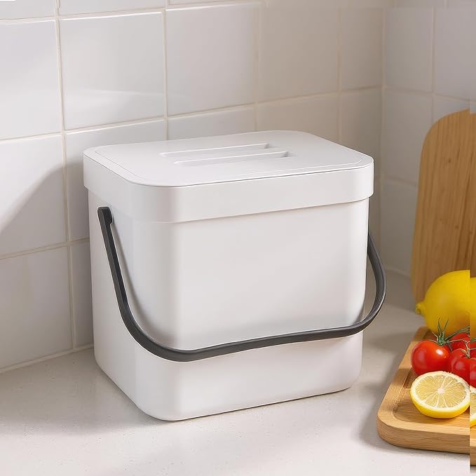 Kitchen Compost Bin - 1.8 Gallons Hanging Trash Can with Lid for Kitchen Cabinet Door, Under Sink, Wall Mounted Waste Bin for Bathroom, 7L(White)