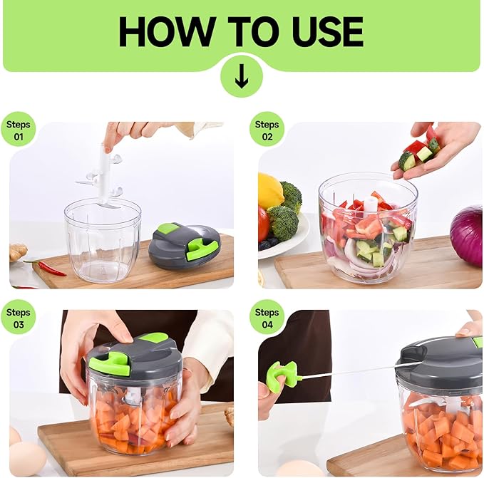 Manual Food Processor Vegetable Chopper, Portable Hand Pull String Garlic Mincer Onion Cutter for Veggies, Ginger, Fruits, Nuts, Herbs, etc., (900ml,Gray-green)