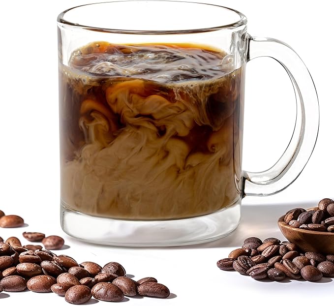 Vikko Glass Coffee Mug Set of 6, 10.75 Ounce Clear Mugs, Microwave and Dishwasher Safe