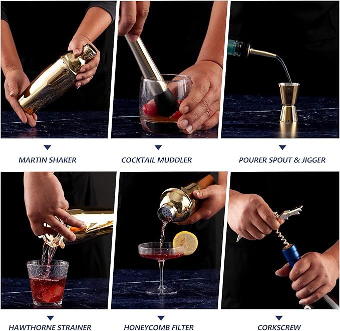 Shakers Bartending, 11Pcs-Cocktail Shaker Set Gold Drink Mixer with 25oz Martini Shaker,Muddler,Bar Spoon and More Professional for Home and Bartender.(Gold)