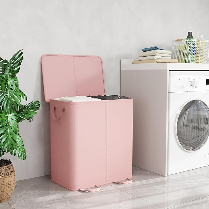 Lifewit Double Laundry Hamper with Lid and Removable Laundry Bags, Large Collapsible 2 Dividers Dirty Clothes Basket with Handles for Bedroom, Laundry Room, Closet, Bathroom, College, 155L Pink