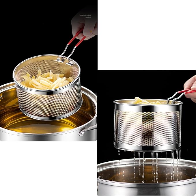 Pasta Strainer Set of 2, Stainless Steel Noodle strainer with Removable Handle Metal Pasta Strainer Basket Deep Fryer Basket, Kitchen Colander for Washing Draining Deep-frying Boiling Steaming(20cm)