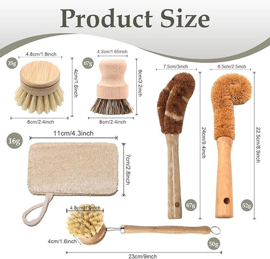 Haploon 7 Piece Wooden Dish Brush Natural,Bamboo Brush Kitchen Set Dish Cleaning Brush Pot Brush & Bottle Cleaner Beech Wood & Natural Bristles Bamboo Scrub Brush for Dishes Plastic Free