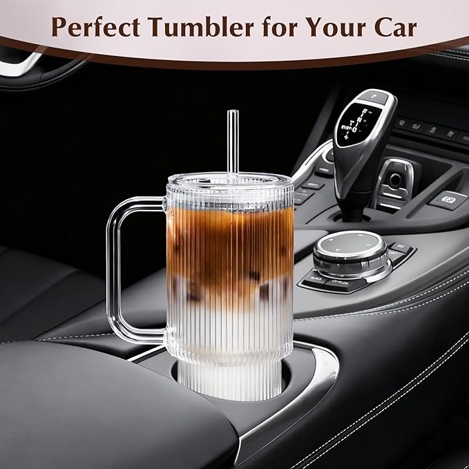 GOSCHE 26oz Glass Tumbler with Straws and Lids, Ribbed Iced Coffee Cups, Thickened Glass Cups Set Ideal for Coffee, Smoothies, Cocktails, and Juices, Clear, 2 Pack