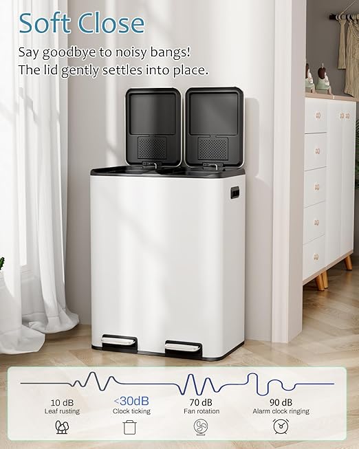 16 Gal (2 x 30 L) Dual Trash Can, Stainless Steel Kitchen Garbage Bin, Recycle Dustbin with Odor Control Box, Soft-Close Lid, Inner Buckets, Side Handle, Step Pedal, for Home Office