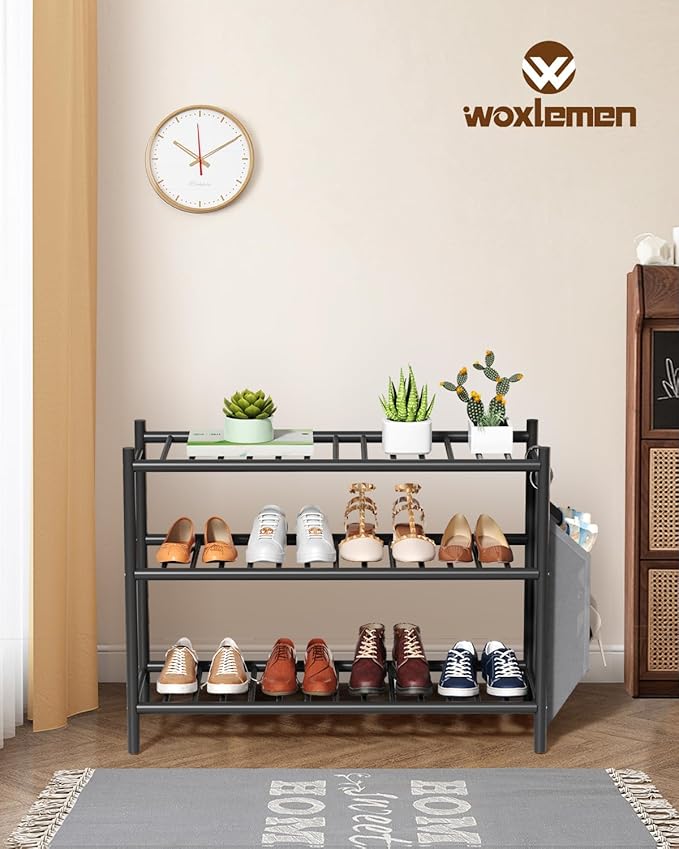 Bamboo Shoe Rack for Closet Small Wooden Shoe Organizer with Pouch, Sturdy Wood Shoe Shelf for Front Door Entrance Entryway and Outdoor, 26 inch Wide (Black, 3-Tier)