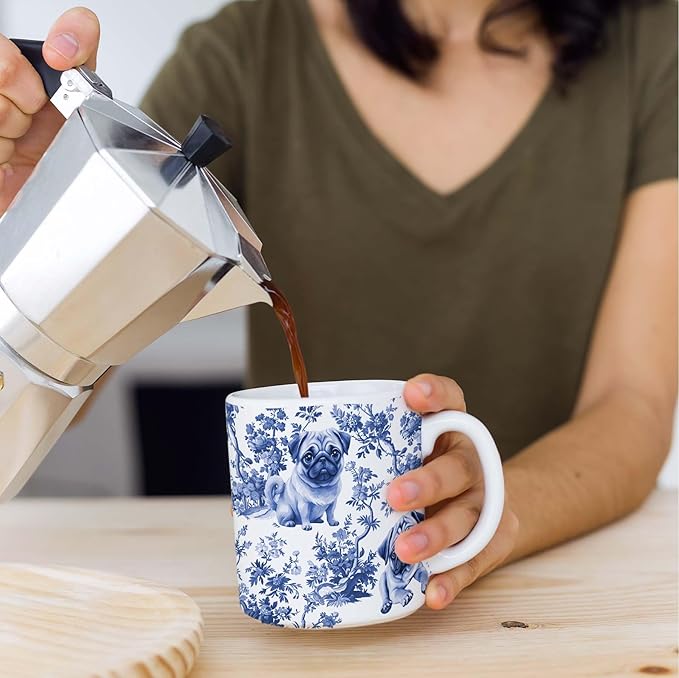 Pug Blue French Toile Mug, Pugs Lover Gifts for Women, Blue Chinoiserie Toile Coffee Cup for Pug Mom, Dog Lovers Tea Coffee Mug Birthday Gifts for Dog Owners, 11oz