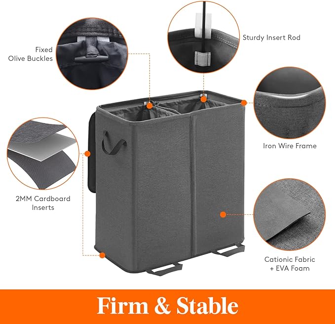 Lifewit Double Laundry Hamper with Lid and Removable Laundry Bags, Large Collapsible 2 Dividers Dirty Clothes Basket with Handles for Bedroom, Laundry Room, Closet, Bathroom, College, 136L Black