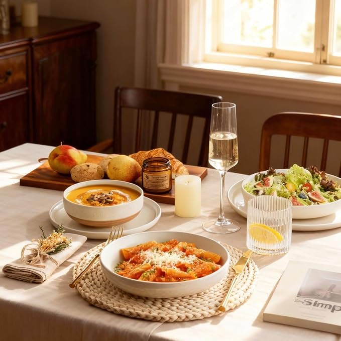 AmorArc Ceramic Dinnerware Sets, Handpainted Plates and Bowls Set with Rustic Terracotta Underside, Scratch Resistant Stoneware Dishes Set, Dishwasher & Microwave Safe