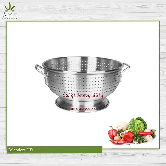 (12-QT) Aluminum Colander with Handles and Base Heavy Duty Commercial Grade