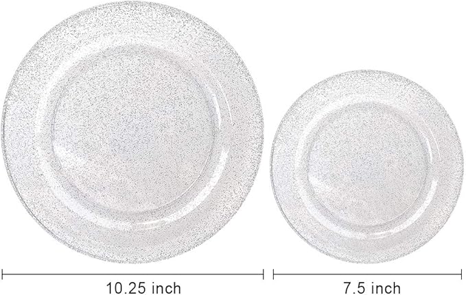 WDF 120PCS Silver Plastic Plates- Disposable Silver Glitter Plates, Premium Heavy Duty 60-10.25" Dinner Plates and 60-7.5" Salad Plates for Christmas Parties &Wedding