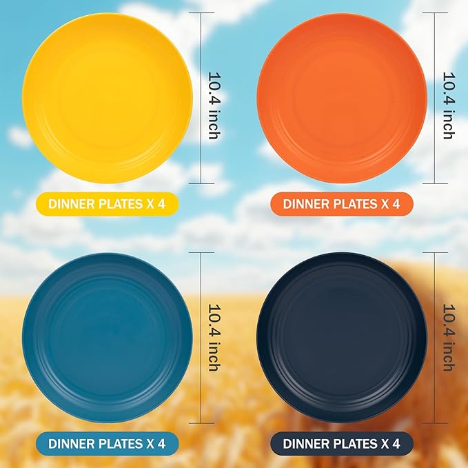 Supernal Wheat Straw Dinner Plates Reusable &Durable Plastic Plates Plastic Dinnerware 16-Pack (4 Orange, 4 Yellow, 4 Blue, 4 Dark Blue), Perfect for Dinner,Party,Outdoor Use