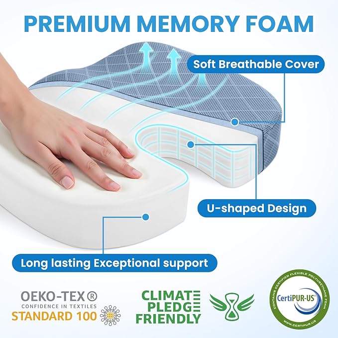 TushGuard Office/Car Seat Cushion, Non-Slip Sciatica & Back Coccyx Tailbone Pain Relief Chair Pad, Memory Foam Butt Pillow for Computer Desk, Wheelchair, Driving (Light Blue, X-Large)