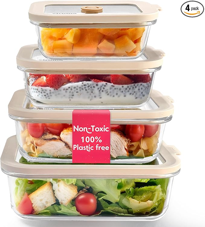 Ziruma Non-Toxic 4 Pack - Glass Food Storage Containers With Lids โ Plastic Free, Airtight Meal Prep Containers, Multi-Size (12, 21, 35, 50 Oz), Microwave & Freezer Safe