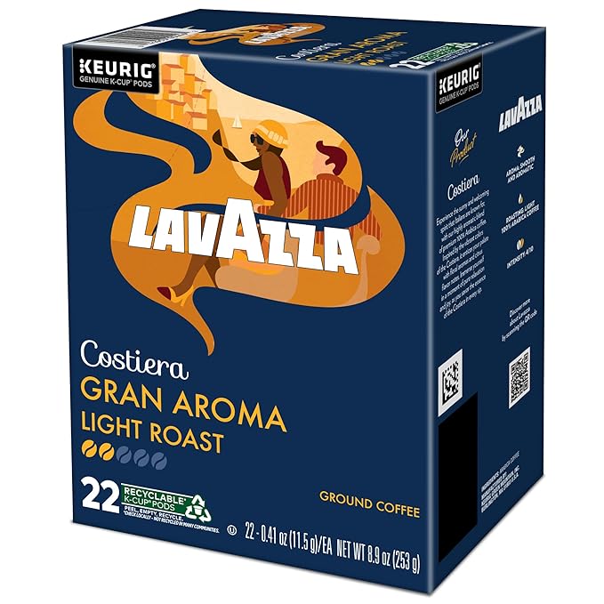 Lavazza Costiera Gran Aroma, Single-Serve Keurig K-Cup Pods, Light Roast Coffee, 88-Count Box (4 Packs of 22)
