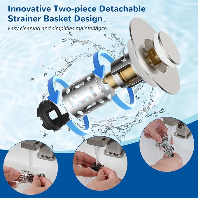 Hibbent 2 Pack Upgraded 3 in 1 Bathroom Sink Drain Strainer, Universal Pop Up Stopper with Removable Stainless Steel Filter Basket Hair Catcher, Sink Plug for 1.1''~2.36'' Basin, Brushed Nickel