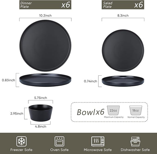Herogo 18 Pieces Stoneware Dinnerware Sets for 6, Dinner Plates and Bowls Set, Reactive Glaze Dishes for Kitchen, Chip Resistant, Microwave & Dishwasher Safe, Matte Black