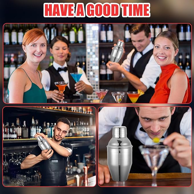 Nitial 6 Pcs Bar Cocktail Shaker Professional Stainless Steel Martini Drink Mixer with Built-in Strainer for Bartending No Leaks Boston Shaker for Bar Party Drink Mixing Tool(8 oz,Silver)