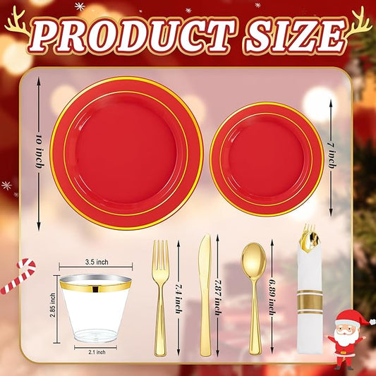 350Pieces Red Plastic Plates with Gold Rim Include 50Dinner Plate 10β, 50Dessert Plate 7β, 50 gold Cups 9 OZ, 50 Pre Rolled Napkins for Christmas Party