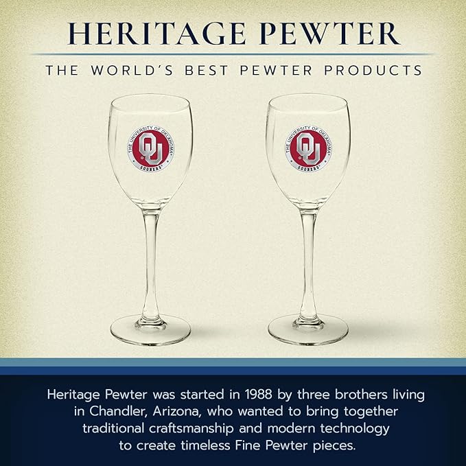 Heritage Pewter Oklahoma Sooners Glass Goblets β Set of 2 | 12 OZ Goblet Wine Glasses | Expertly Crafted Pewter Glass