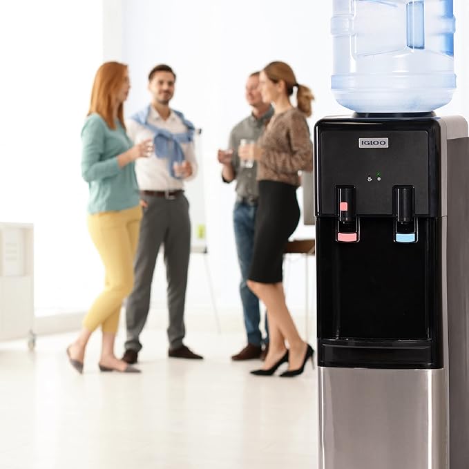 Igloo Top Loading Water Cooler – Hot & Cold Dispenser – Black & Stainless Steel, Holds 3 & 5 Gallon Jugs, Child Safety Lock – for Homes, Kitchens, Offices, Dorms