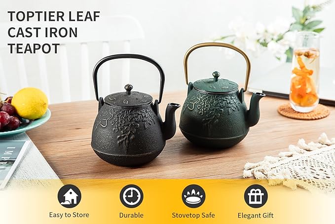 Tea Kettle, Toptier Japanese Cast Iron Tea Kettle for Stove Top, Stovetop Safe Cast Iron Teapot with Infusers for Loose Tea, 40 Ounce (1200 ml), Black