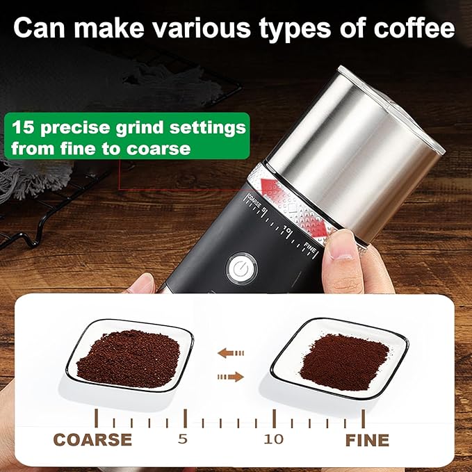 Portable Burr Coffee Grinder, Electric Rechargeable Adjustable Burr Mill Machine with Conical Ceramic, Suitable for Travel,Camping,Office, Espresso (Black)