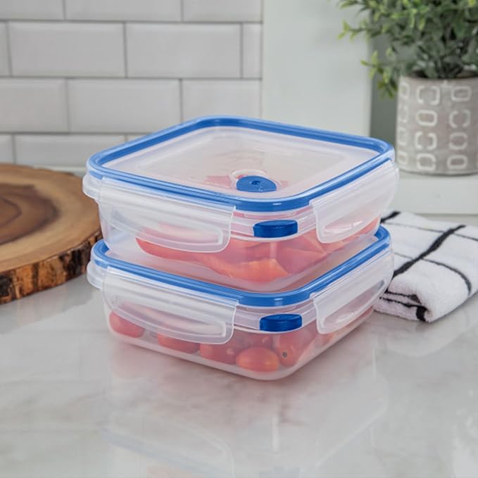Sterilite Ultra-Seal 4 Cup Square, Airtight Food Storage Container, Latching Lid, Microwave and Dishwasher Safe, Clear With Blue Gasket, 6-Pack