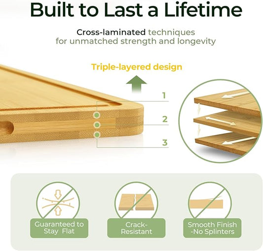 4-Pcs Natural Wood Cutting Board Set Kitchen Tools with Juice Groove, Wooden Chopping Board for Meat, Fruit, Vegetables & Cheese (Pre Oiled, Natural)