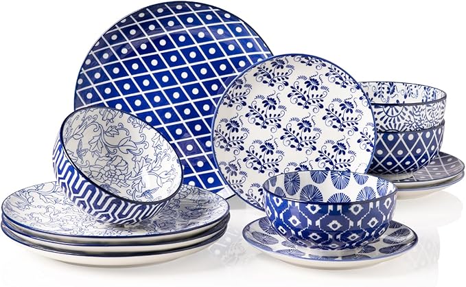 Sweejar Plates and Bowls Set for 4, 12 Pieces Handmade Ceramic Dinnerware Sets, Highly Scratch Resistant Dishes Set for Kitchen, Porcelain Dishwasher & Microwave Safe Dishes Set (Vintage Blue)