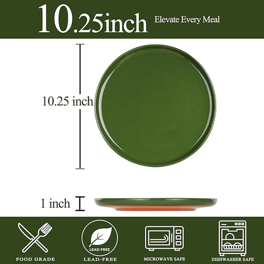 10.25-Inch Dinner Plates Set of 4, Dual Glaze Stoneware Plates, Microwave and Dishwasher Safe, Ceramic Plates for Everyday Dining, Forest Glaze Green