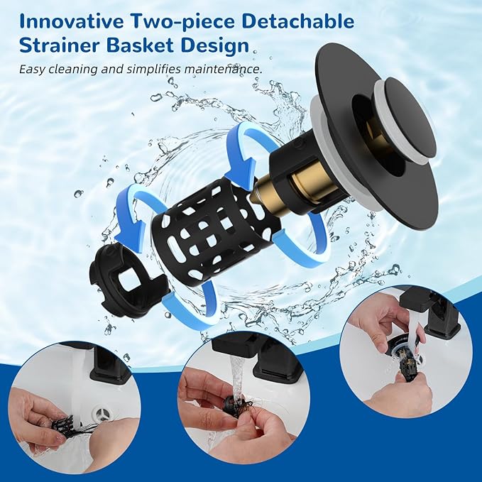 Hibbent 2 Pack 3 in 1 Bathroom Sink Drain Strainer, Universal Pop Up Stopper with Removable Stainless Steel Filter Basket Hair Catcher, Sink Plug for 1.1''~2.36'' Basin, Brass Bullet Core, Matte Black