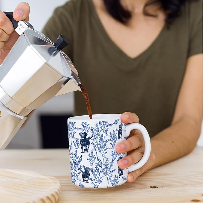 Black Lab Blue French Toile Coffee Mug, Labrador Lover Gifts for Women, Blue Toile Coffee Cup for Black Lab Mom, Pet Dog Lovers Tea Coffee Mug Birthday Gifts for Dog Owners, 15 oz